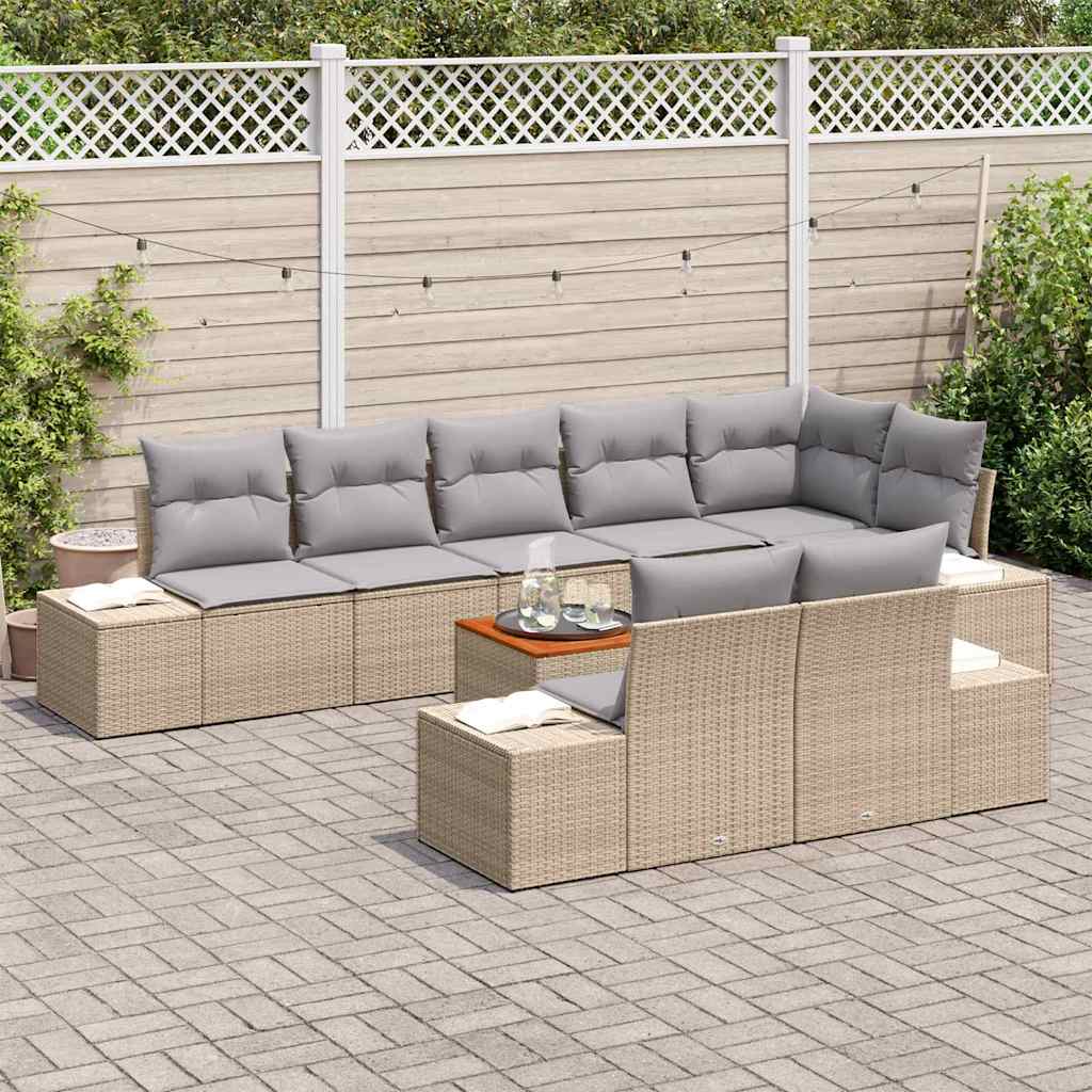 vidaXL 9-delige tuinset met kussens, beige poly rattan, acacia