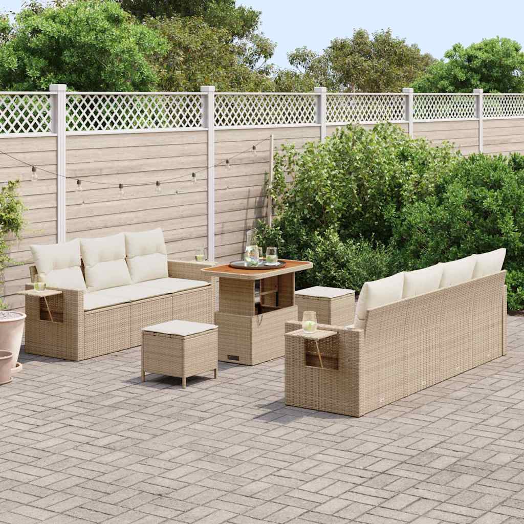 vidaXL 10-delige tuinset met kussens in beige, van poly rattan en acacia.