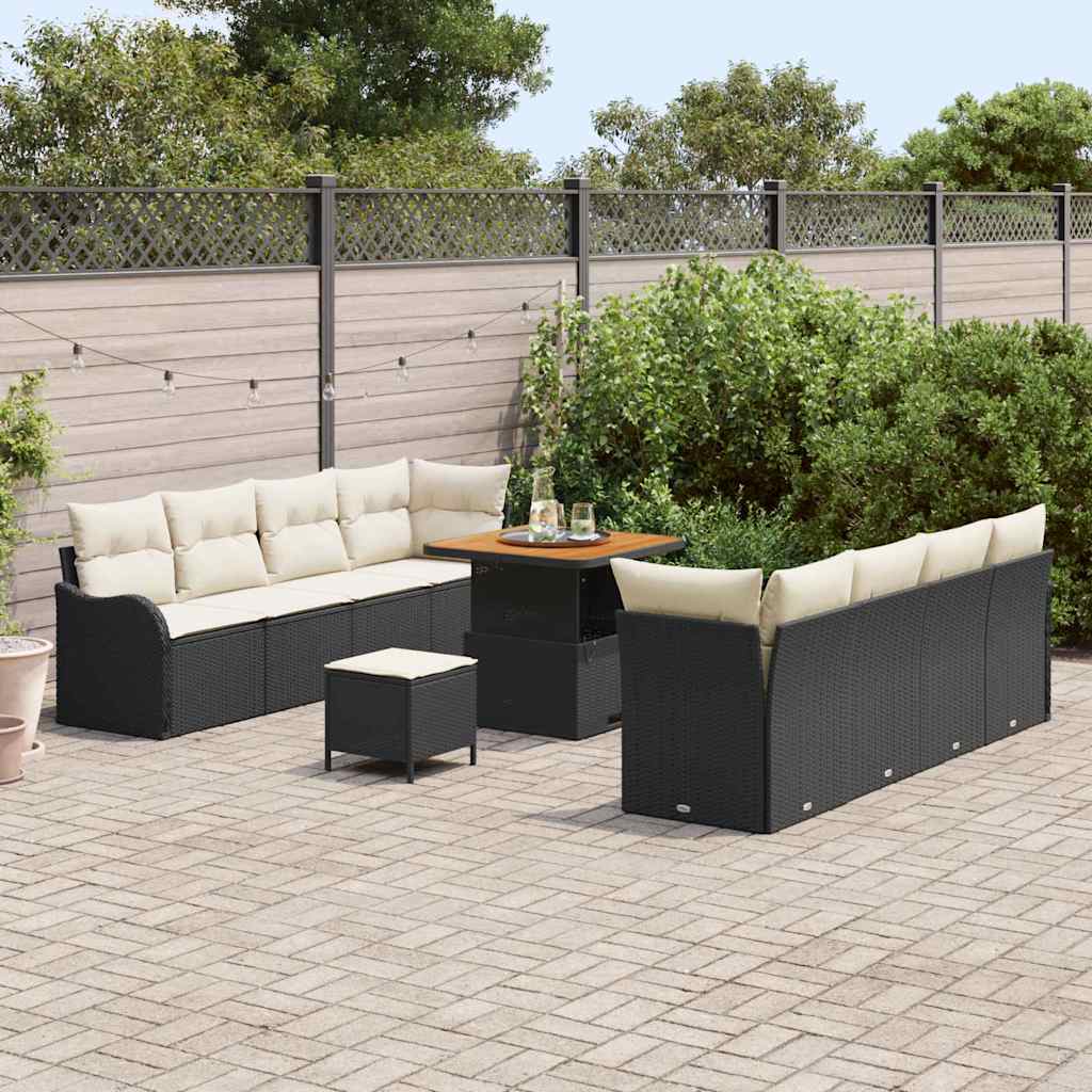 vidaXL 11-delige tuinset met kussens in zwart poly rattan en acacia.