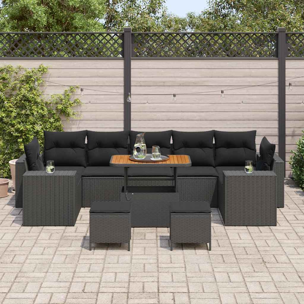 vidaXL 10-delige tuinset met kussens in zwart poly rattan en acacia