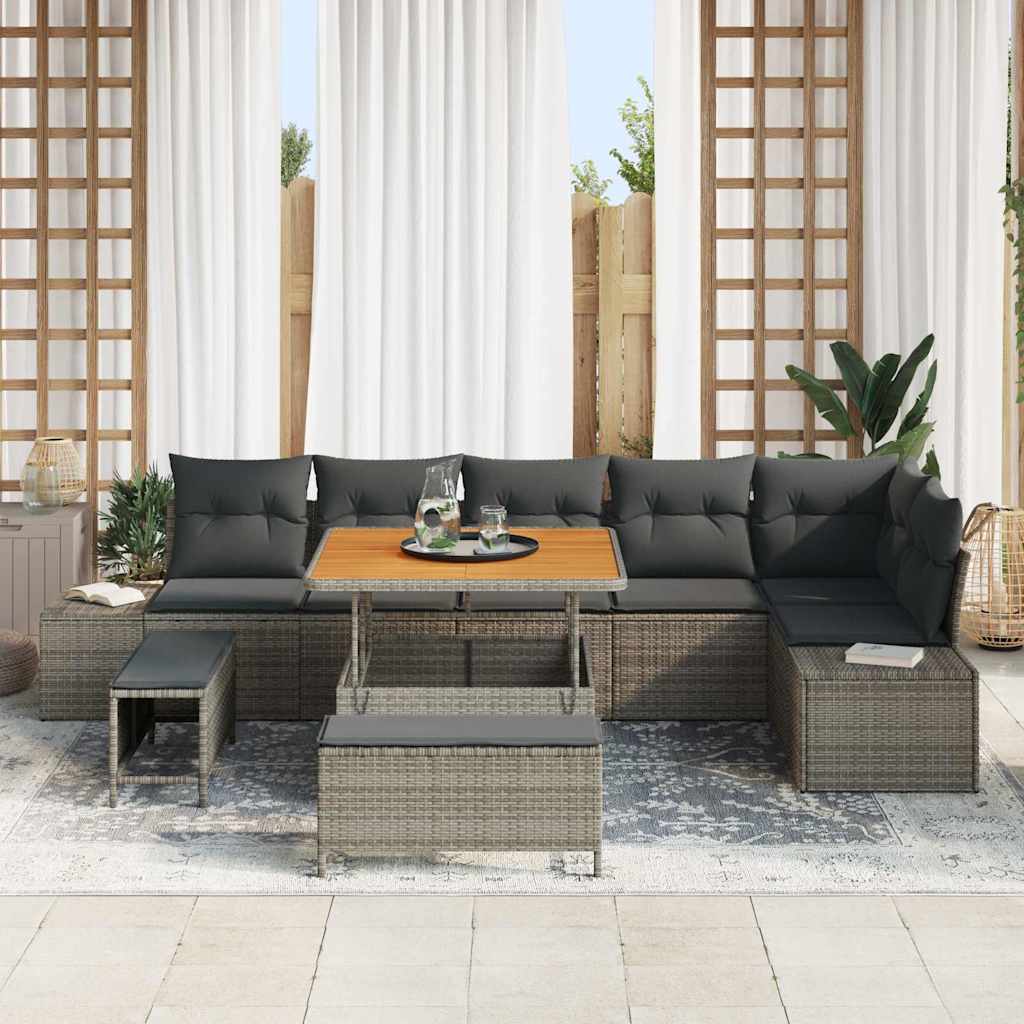 vidaXL 9-delige tuinset met kussens in grijs poly rattan en acacia