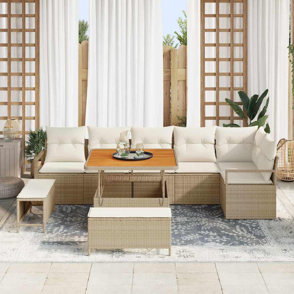 vidaXL 9-delige tuinset met kussens in beige poly rattan en acacia