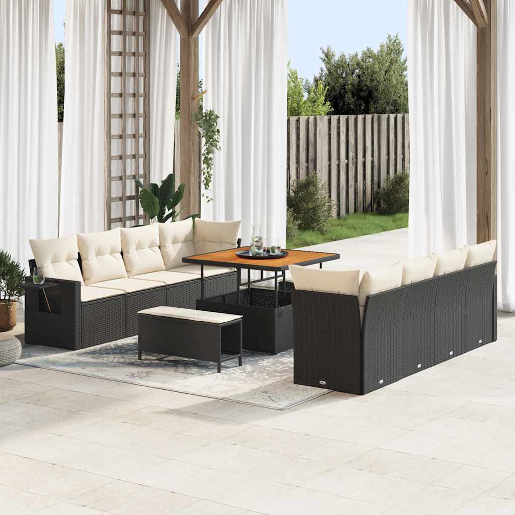 vidaXL 11-delige tuinset met kussens in zwart, van poly rattan en acacia