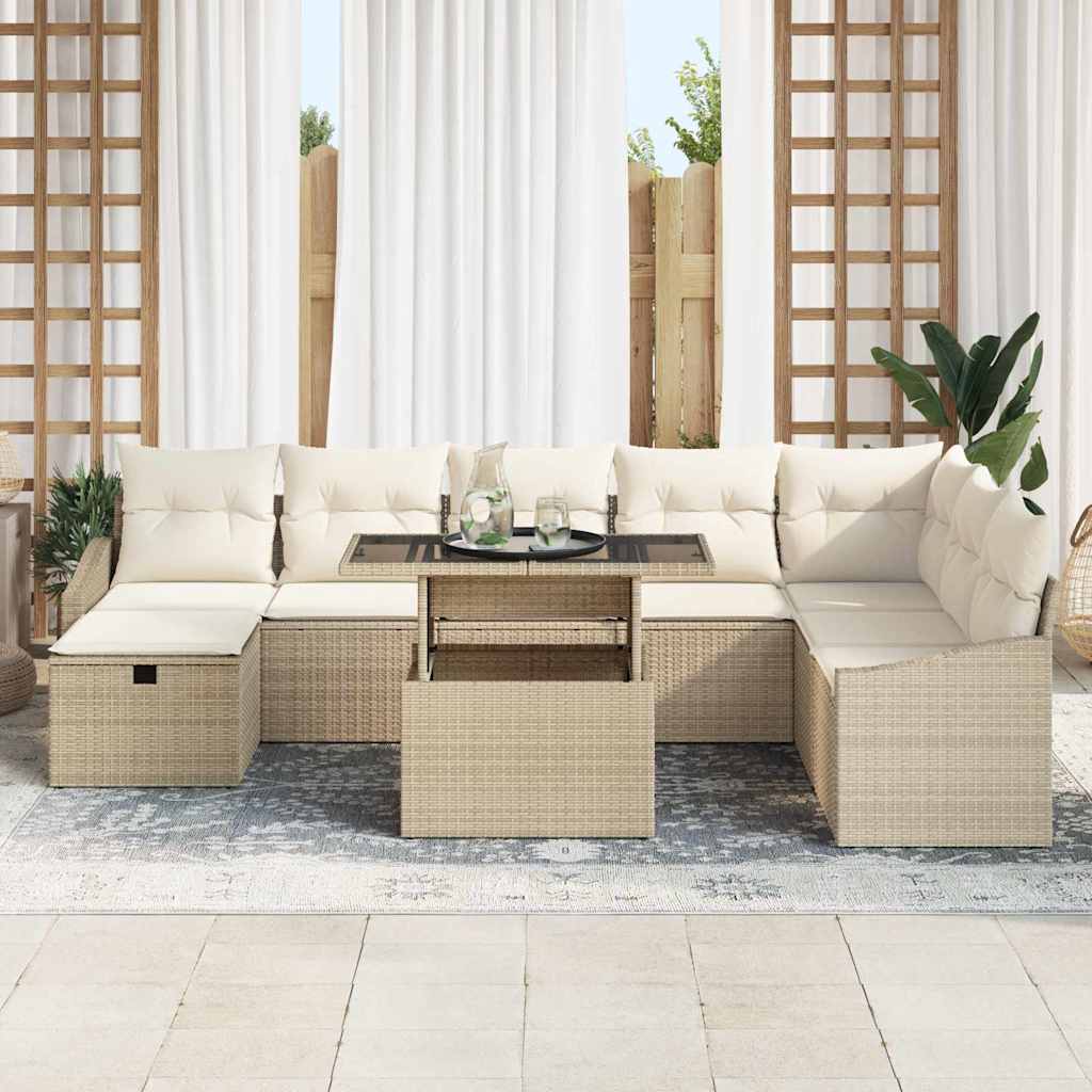 vidaXL 9-delige tuinset met kussens, beige poly rattan