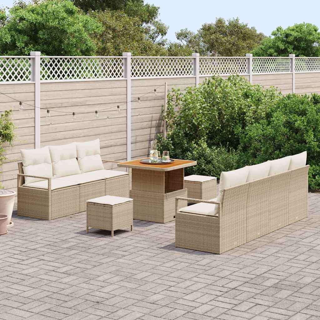 vidaXL 10-delige tuinset met kussens in beige poly rattan en acacia