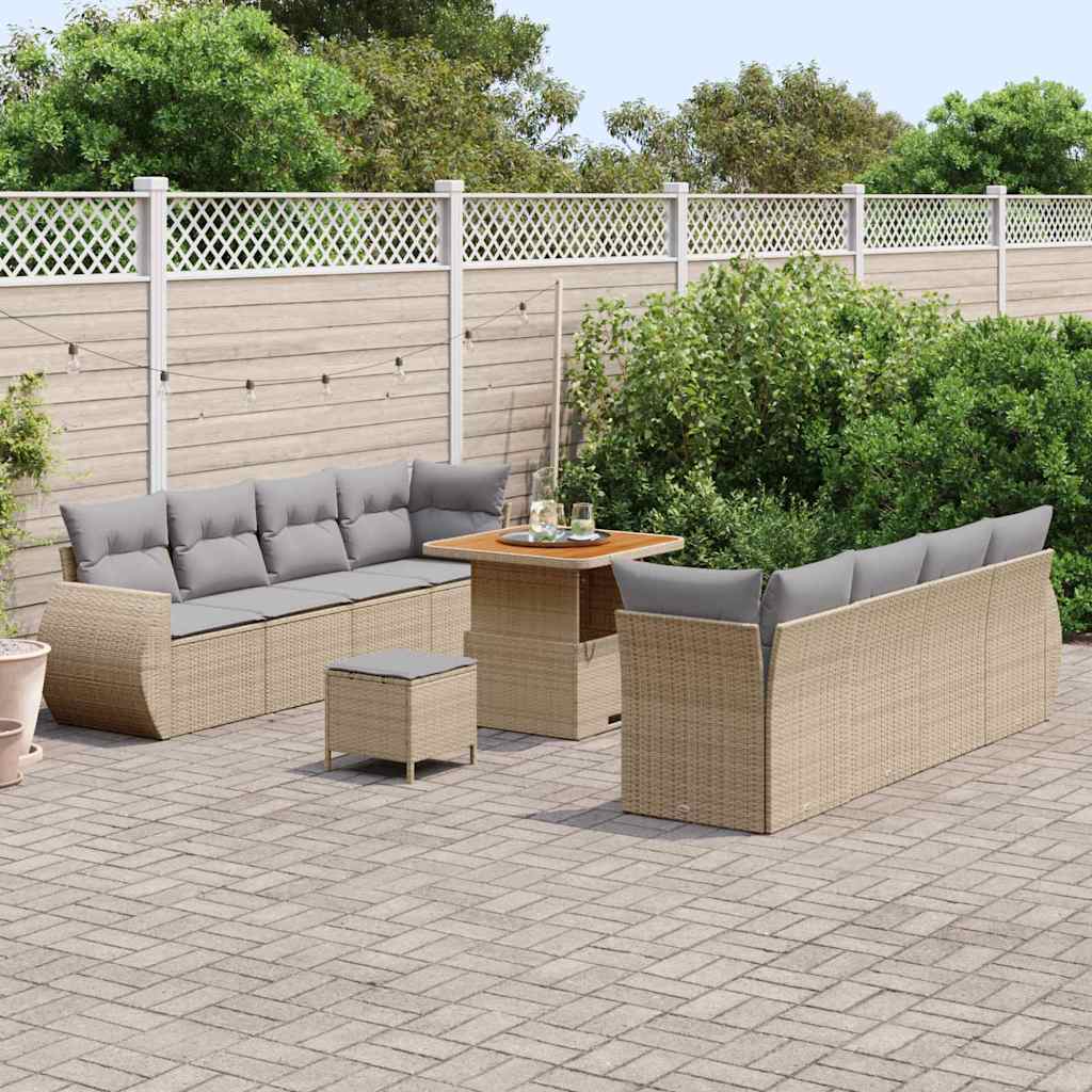 vidaXL 11-delige tuinset met kussens in beige van poly rattan en acacia