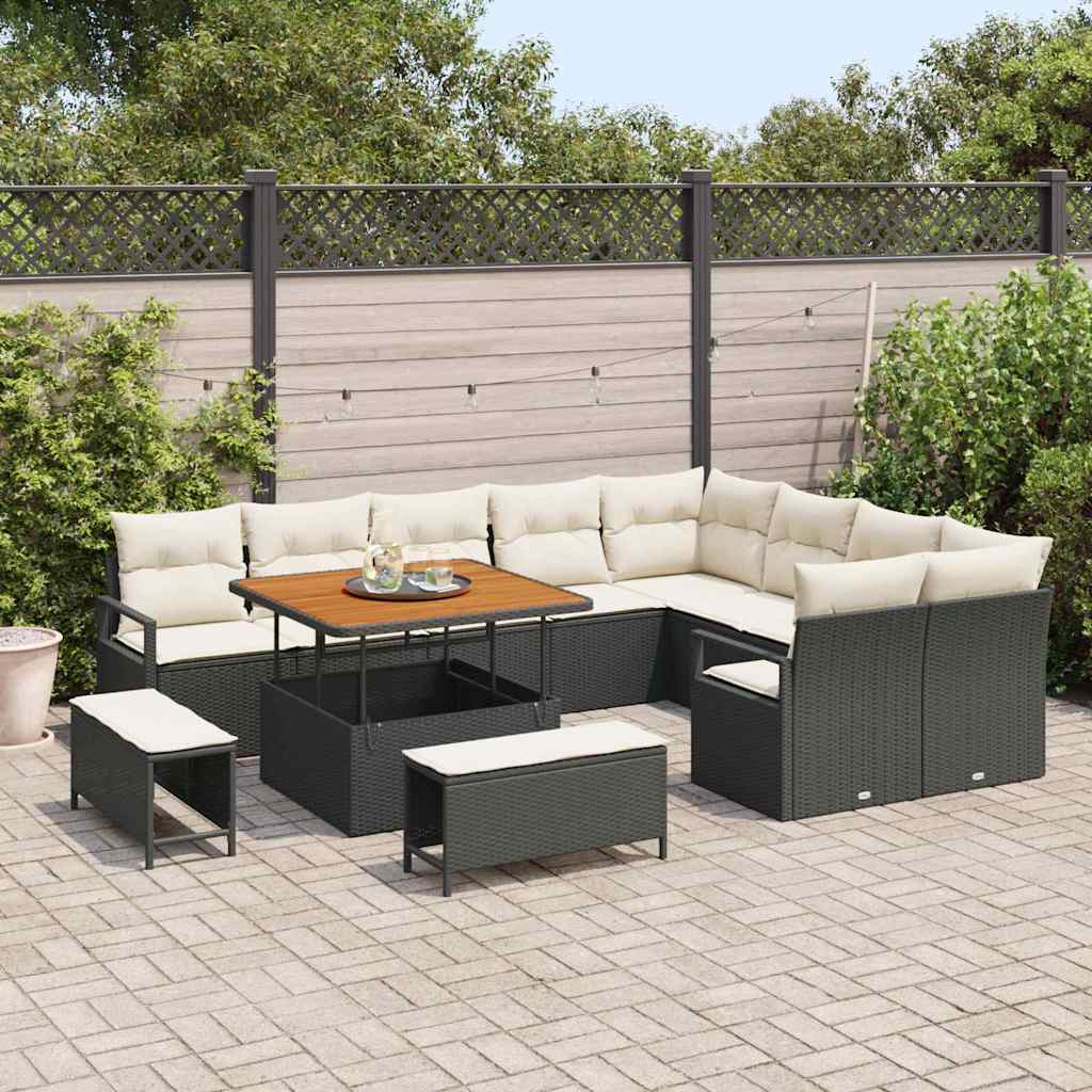 vidaXL 12-delige Tuinbank Set met Kussens - Zwart Poly Rattan en Acacia