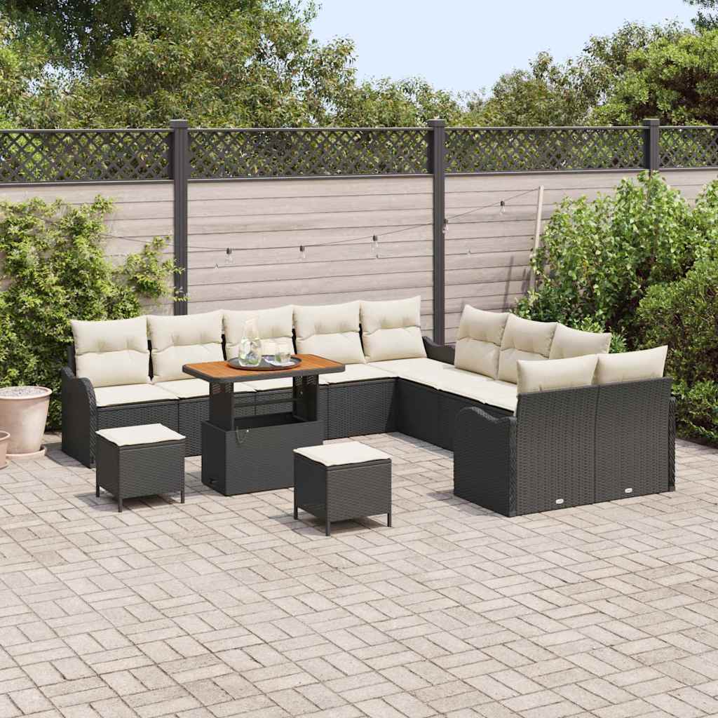 vidaXL 13-delige tuinbankset met kussens in zwart poly riet en acacia