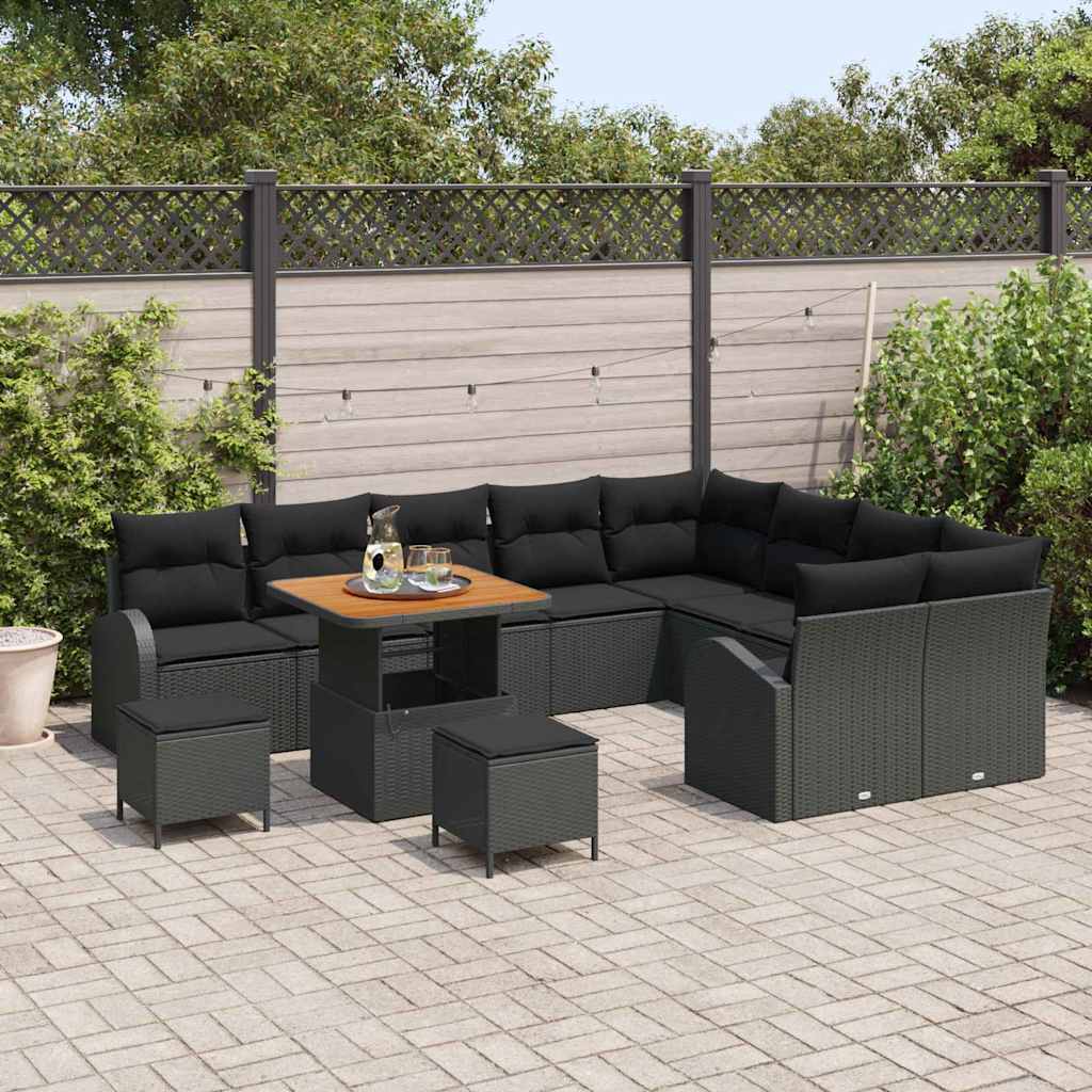 vidaXL 12-delige tuinbank set met kussens in het zwart, van poly rattan en acacia
