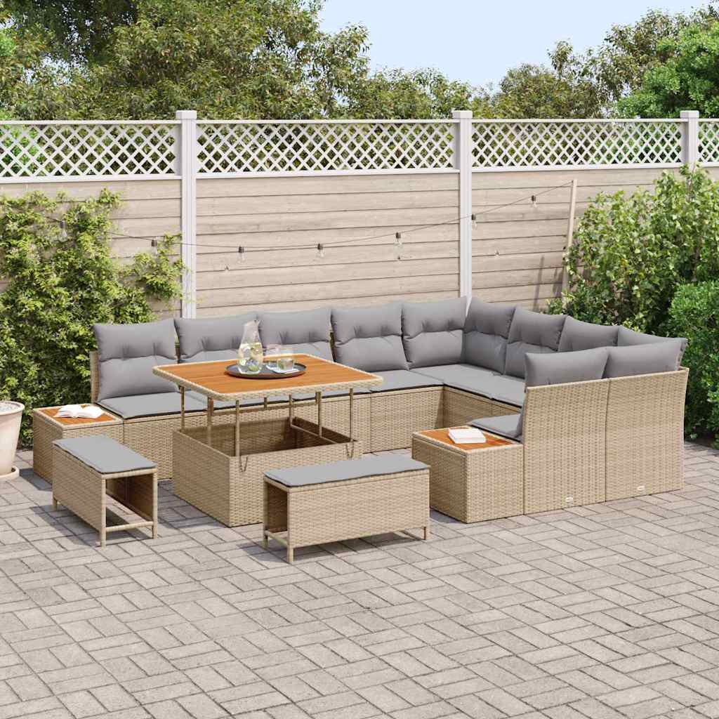 vidaXL 12-delige tuinset met kussens in beige poly riet en acacia
