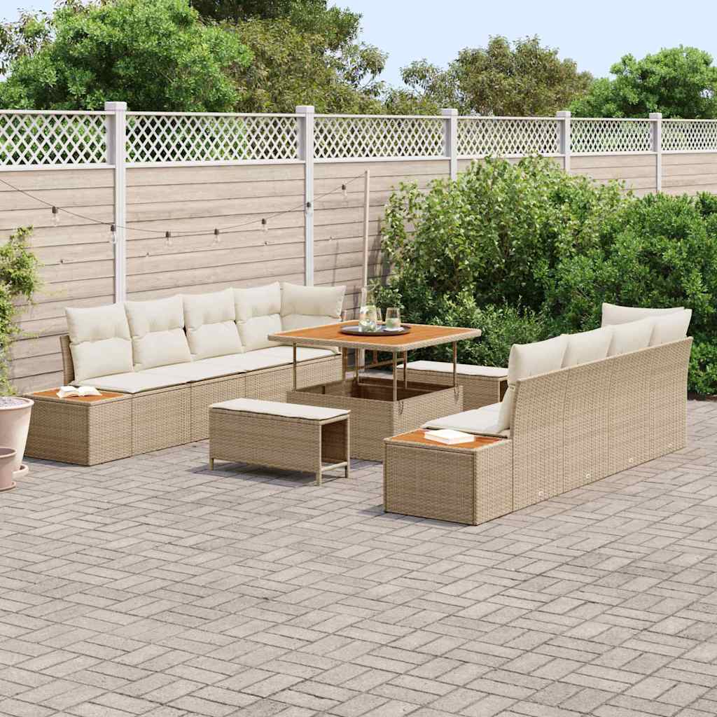 vidaXL 11-delige Tuinbank Set met Kussens in Beige van Poly Rattan en Acacia
