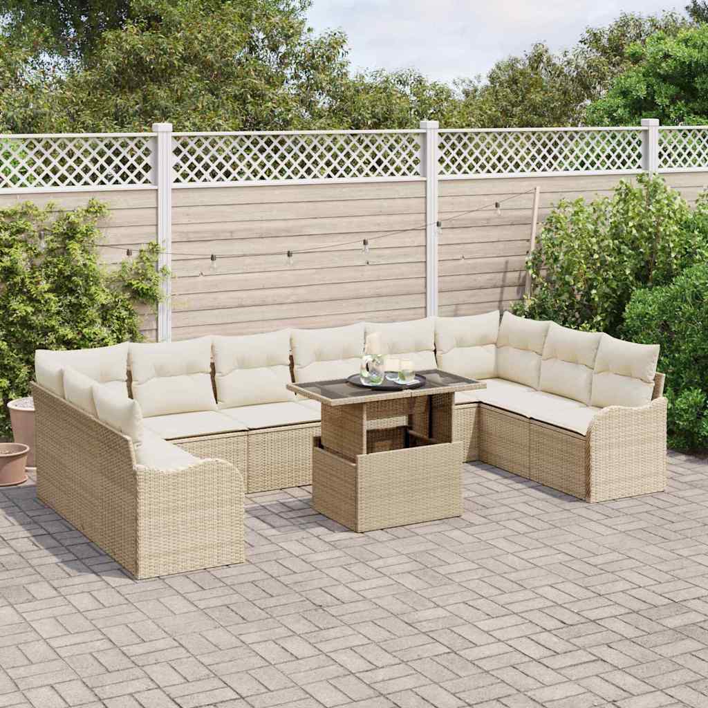 vidaXL 11-delige tuinset met kussens in beige poly rattan