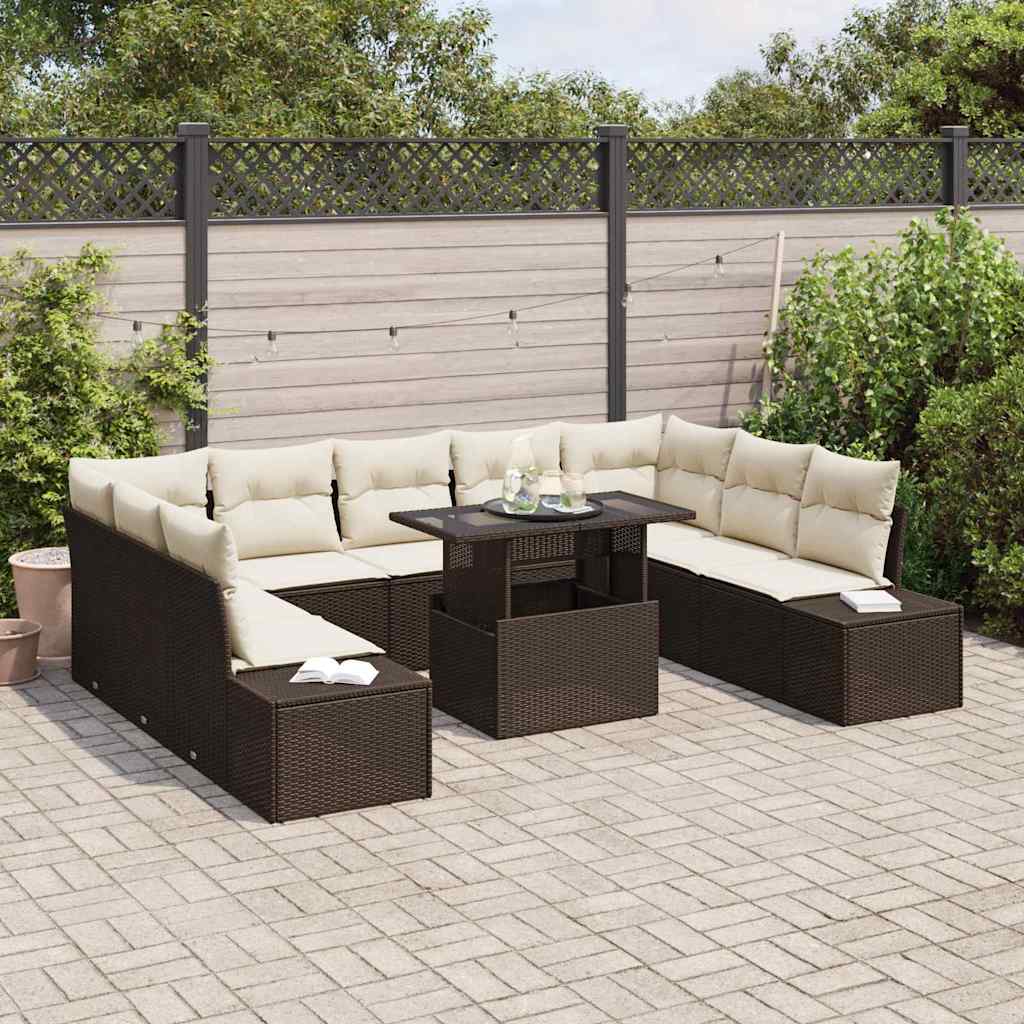 vidaXL 10-delige tuinstoelenset met kussens in bruin poly rattan