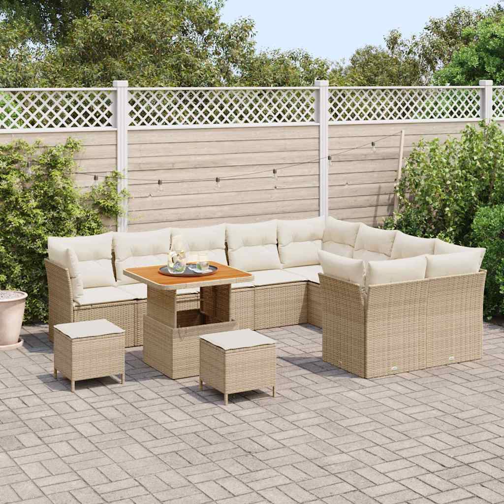 vidaXL 12-delige tuinset met kussens in beige poly rattan en acaciahout.
