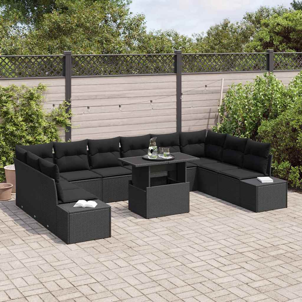 vidaXL 11-delige tuinset met kussens - Zwarte poly rieten