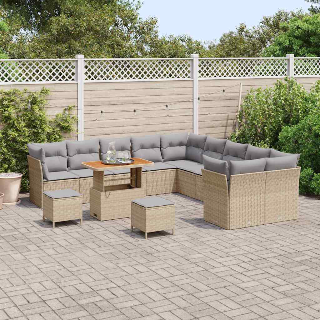 vidaXL 13-delige tuinbankset met kussens in beige poly riet en acacia hout.