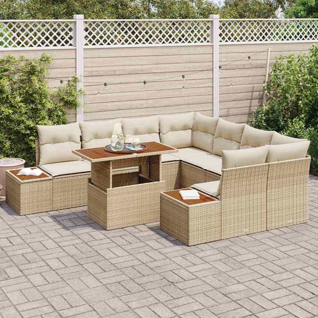 vidaXL 9-delige tuinbankset met kussens in beige poly rattan