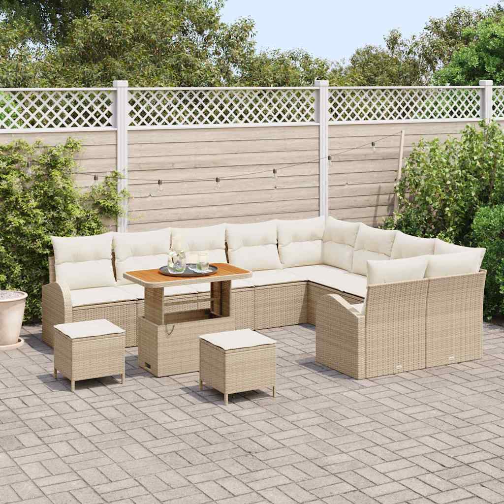 vidaXL 12-delige Tuinbank Set met Kussens Beige Poly Riet Acacia