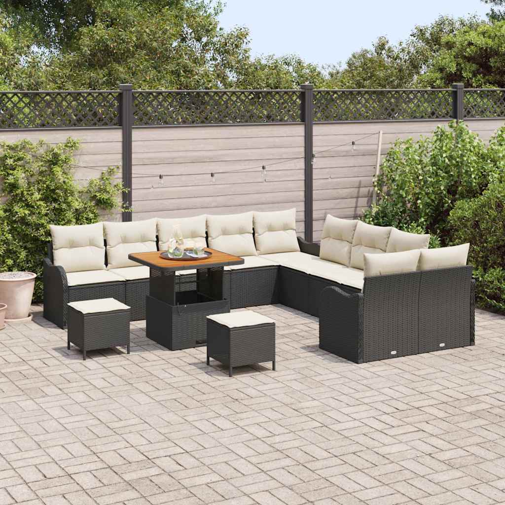 vidaXL 13-delige tuinbankset met kussens in zwart poly rattan en acacia.