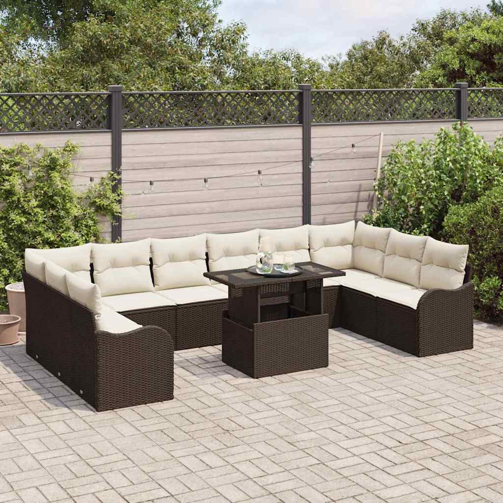vidaXL 11-delige tuinbankset met kussens, bruin poly rattan