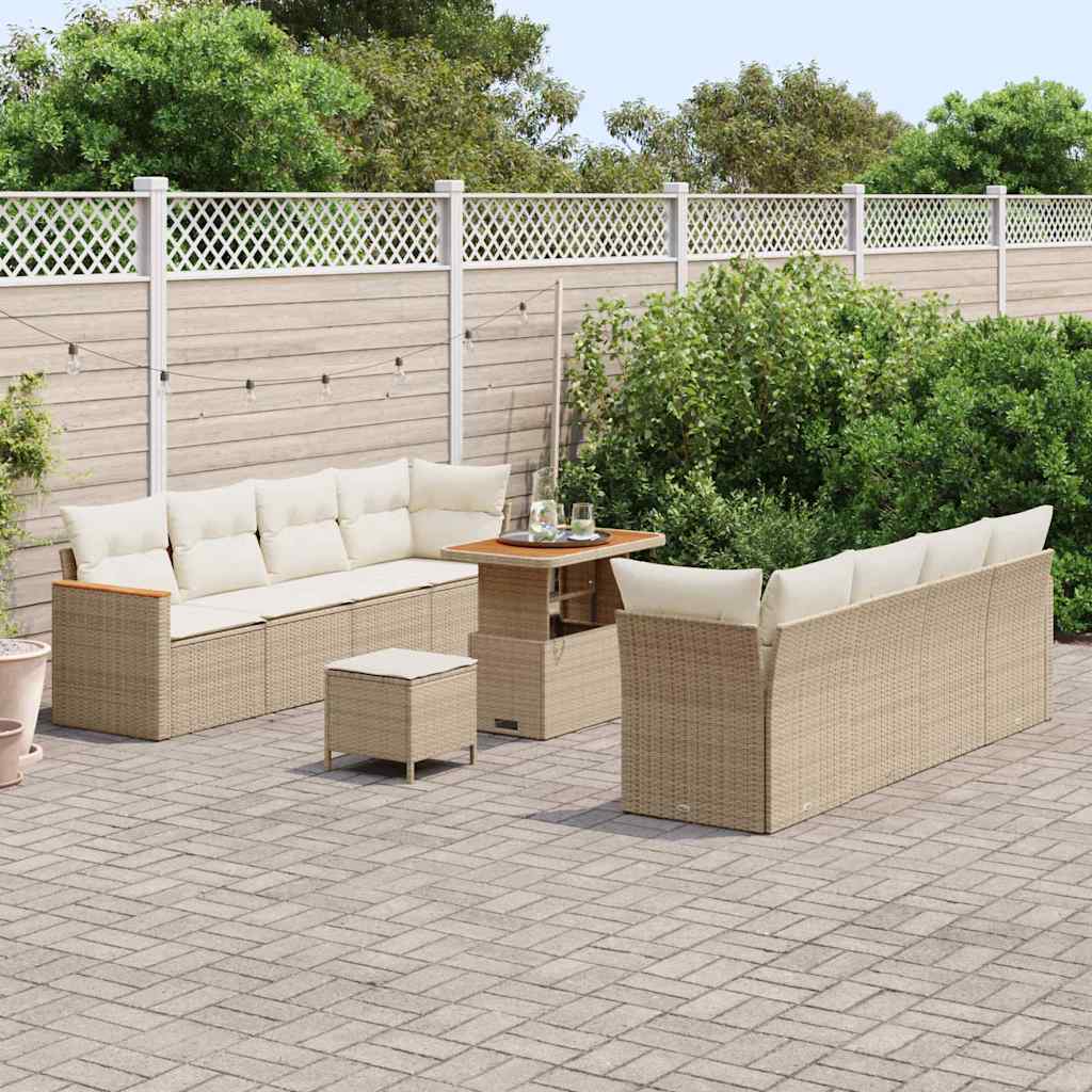 vidaXL 11-delige tuinsofa set met kussens in beige poly riet en acacia hout