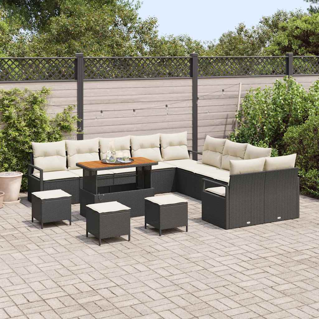 vidaXL 14-delige tuinbankset met kussens, zwart poly rattan acacia