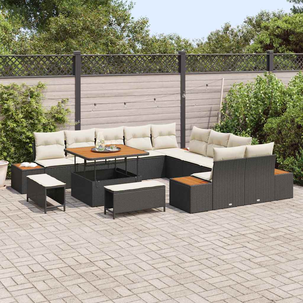 vidaXL 13-delige Tuinbank Set met Kussens - Zwart Poly Rattan en Acaciahout