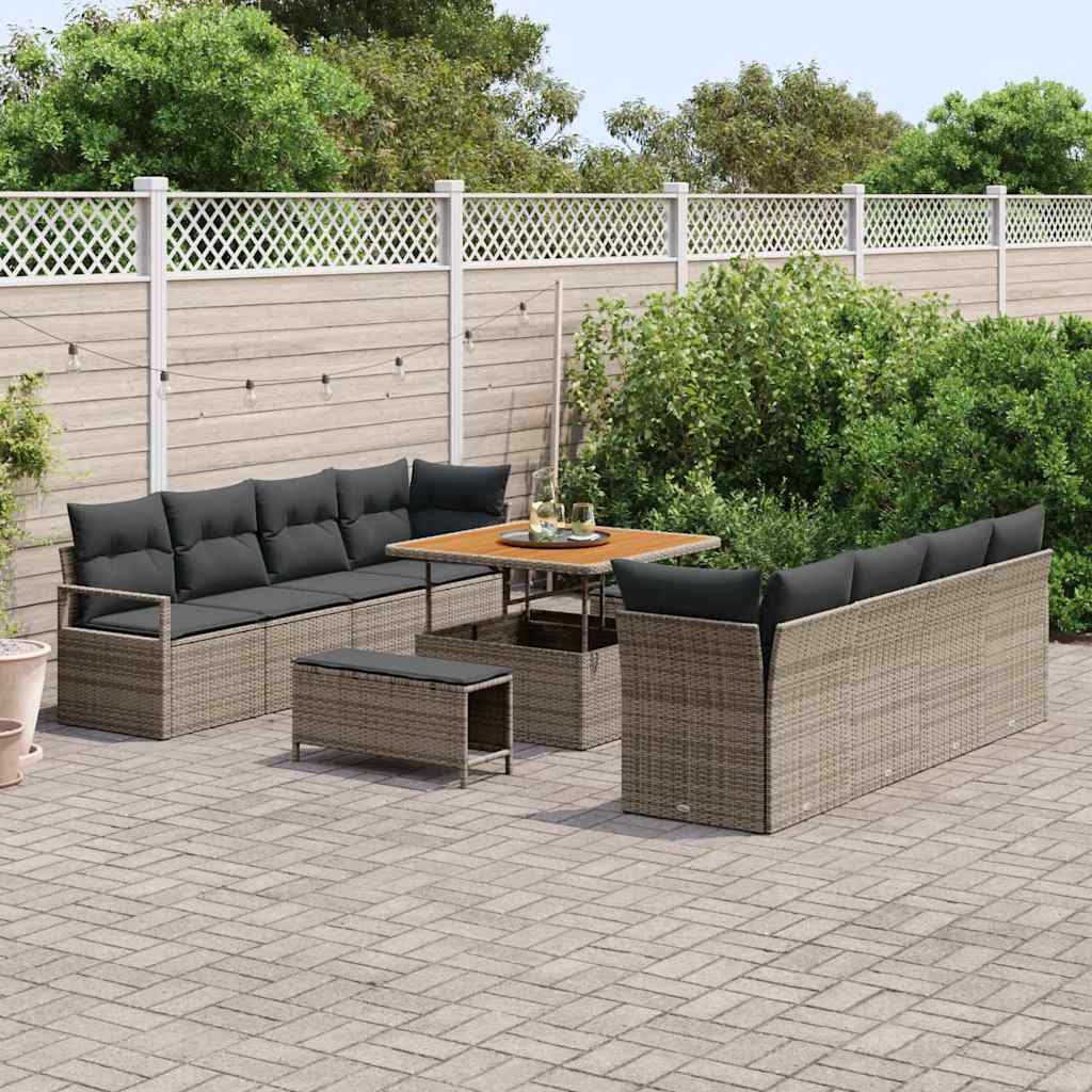 vidaXL 11-delige tuinset met kussens - Grijs poly riet en acacia