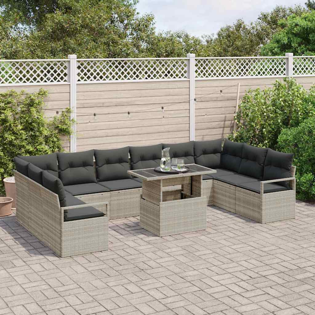 vidaXL 11-delige tuinset met kussens lichtgrijs poly rattan