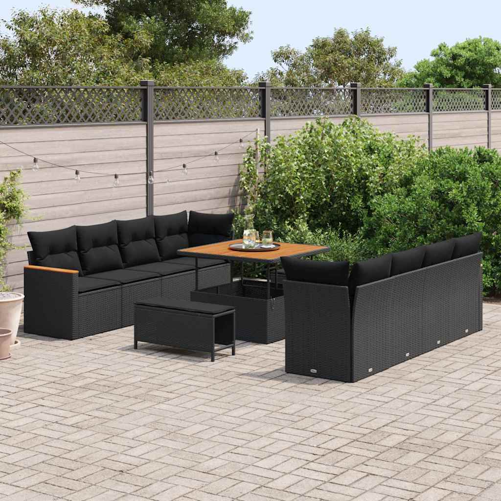 vidaXL 11-delige tuinbankset met kussens in zwart poly rattan en acacia