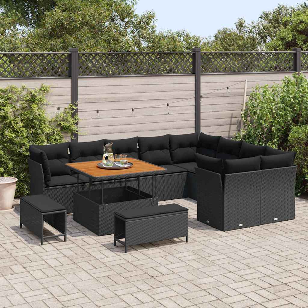 vidaXL 12-delige tuinsalonset met kussens in zwart poly rattan en acaciahout.