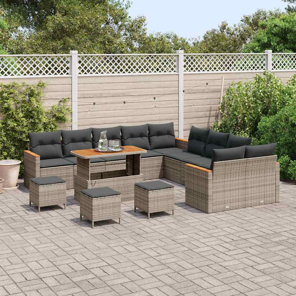 vidaXL 14-delige tuinsofa set met kussens in grijs van poly rattan en acacia