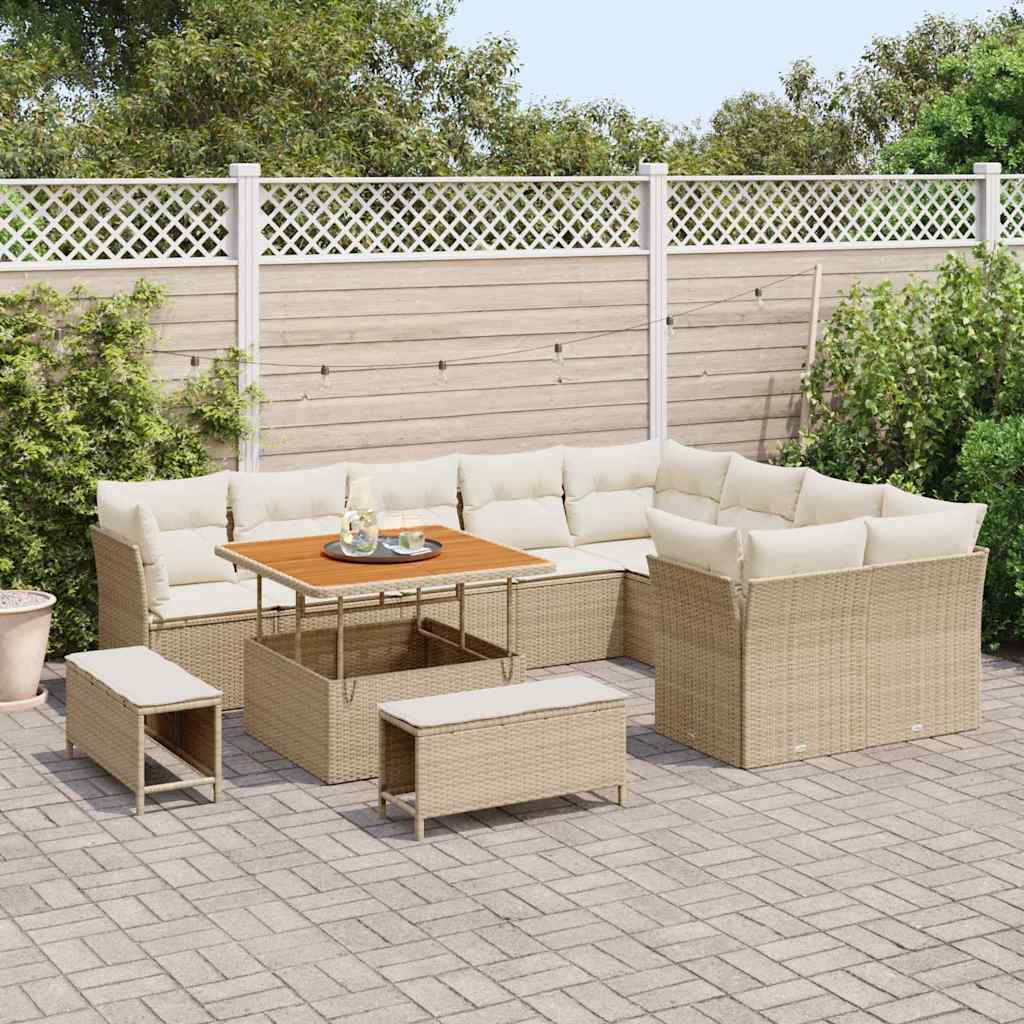 vidaXL 12-delige tuinset met kussens in beige poly rattan en acaciahout.