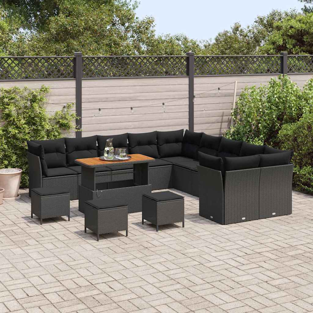 vidaXL 14-delige tuinsofa-set met kussens in zwart poly riet en acaciahout