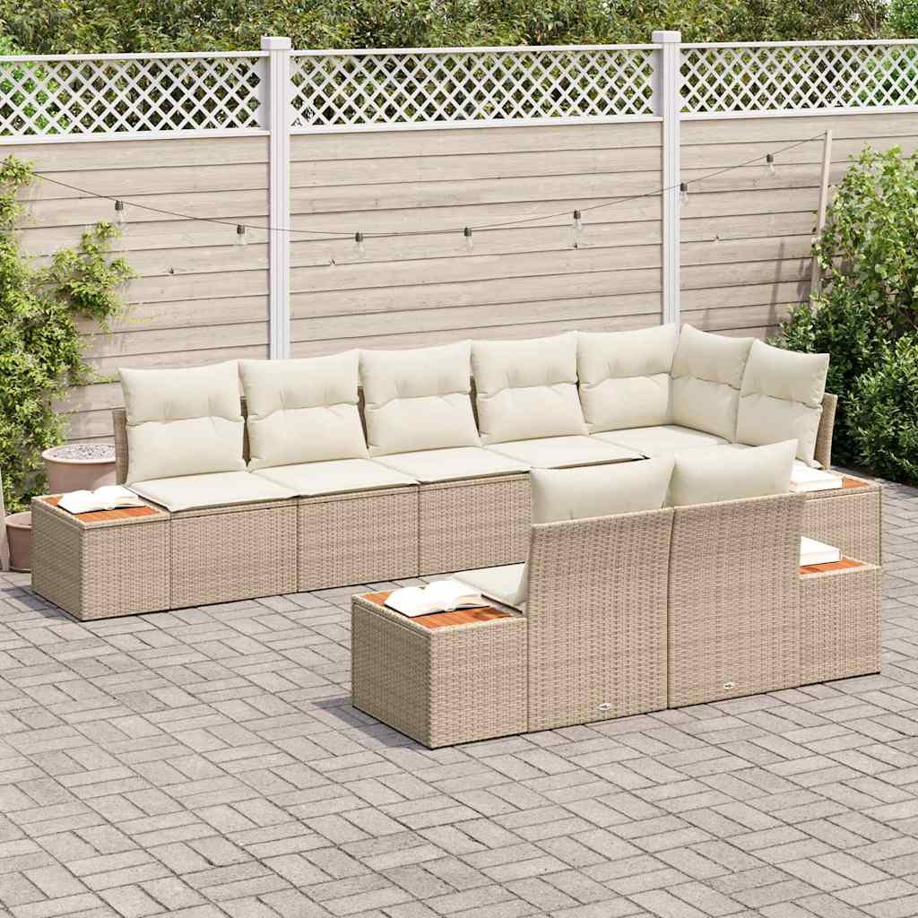 vidaXL 8-delige tuinbankset met kussens in beige, van poly riet en acacia.