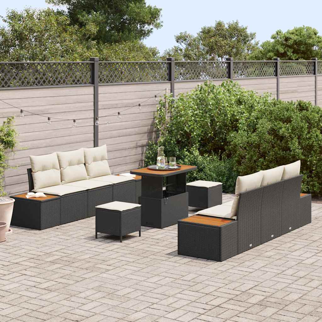 vidaXL 9-delige tuinset met kussens, zwart poly rattan, acacia