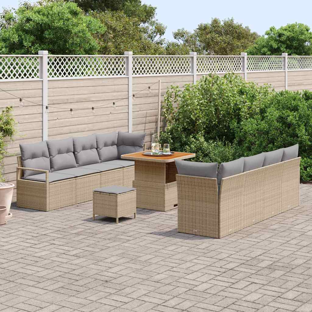 vidaXL 11-delige tuinset met kussens Beige Poly Rattan Acacia