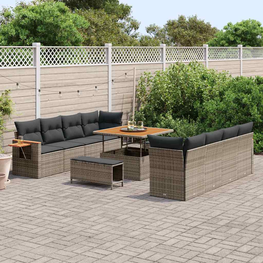 vidaXL 11-delige tuinbankset met kussens - Grijs - Poly Rattan - Acacia