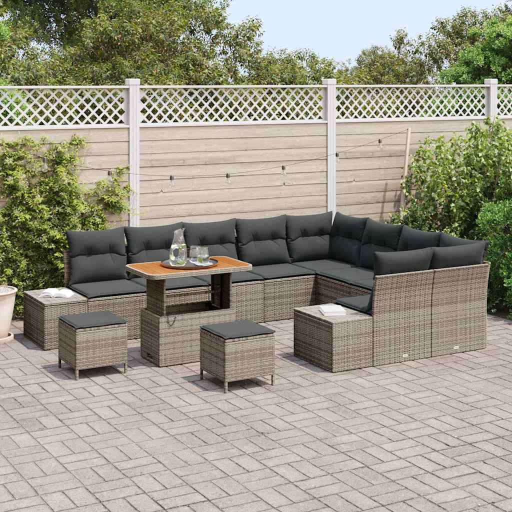 vidaXL 12-delige Tuinbankenset met kussens poly rattan acacia grijs