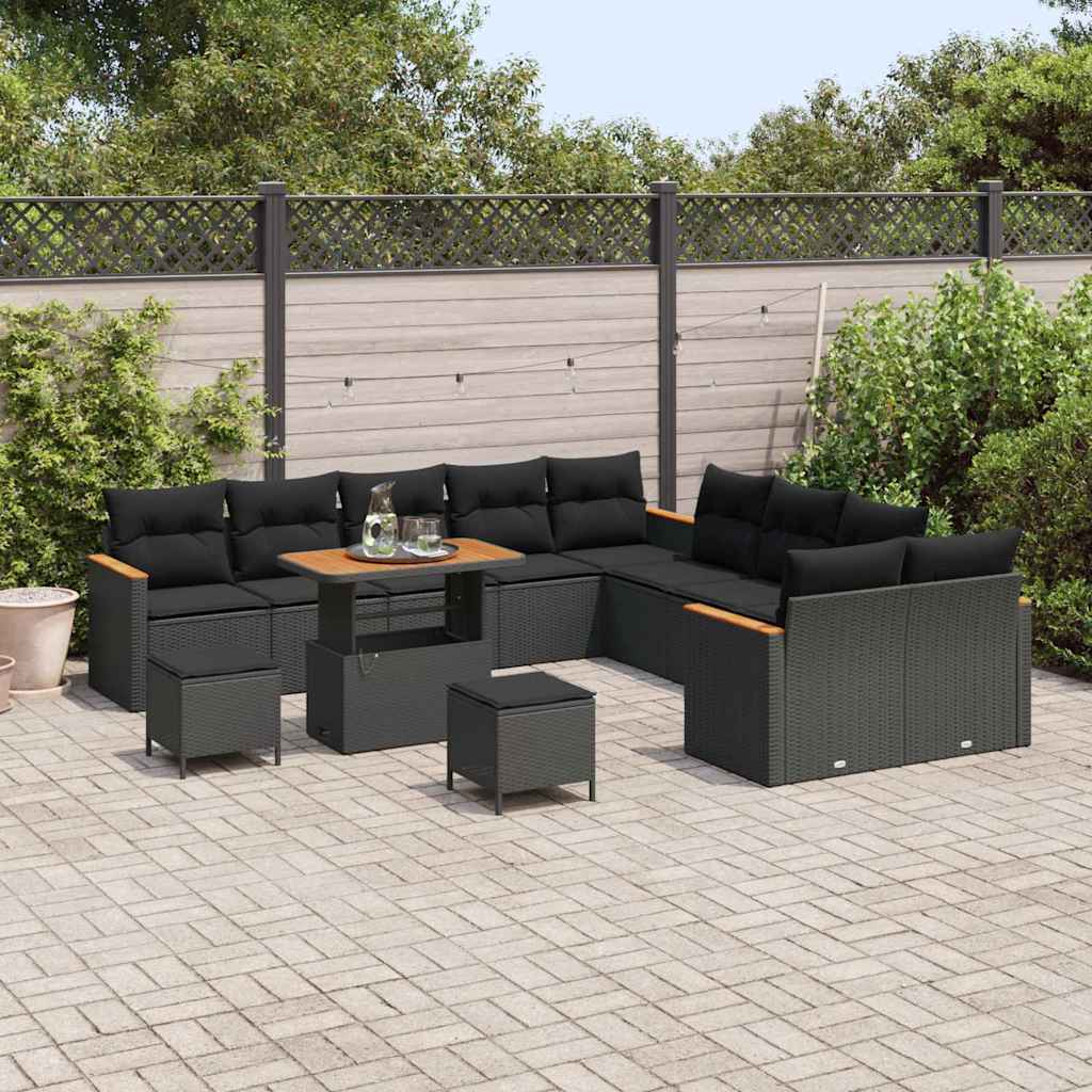 vidaXL 13-delige Tuinbankenset met kussens poly rattan acacia zwart