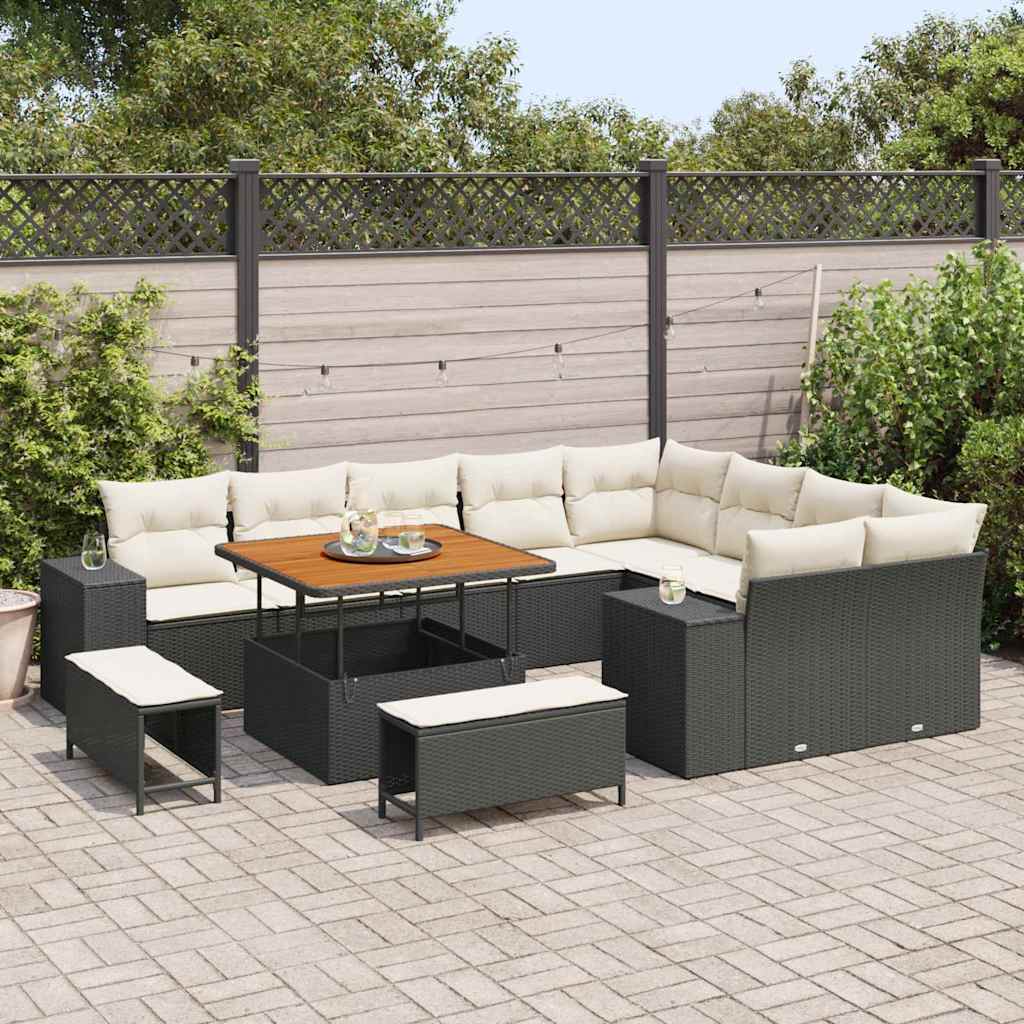 vidaXL 12-delige tuinsofa set met kussens - zwart poly rattan en acacia