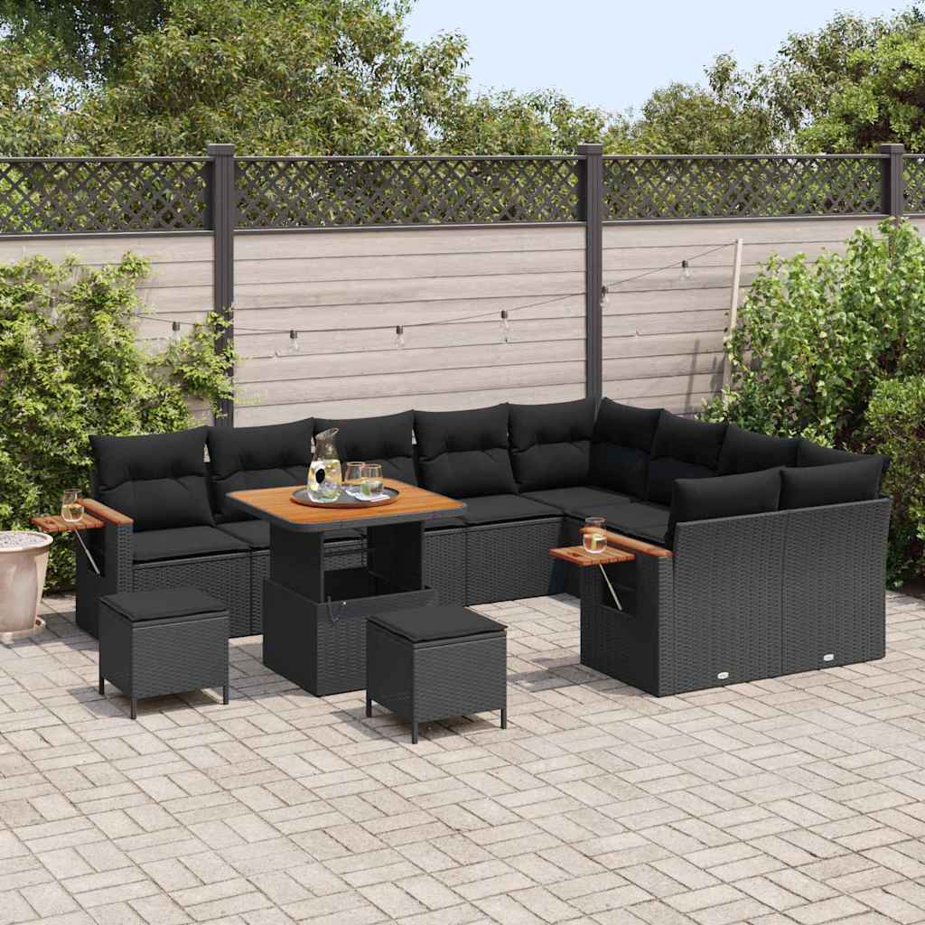 vidaXL 12-delige Tuinbankenset met kussens poly rattan acacia zwart