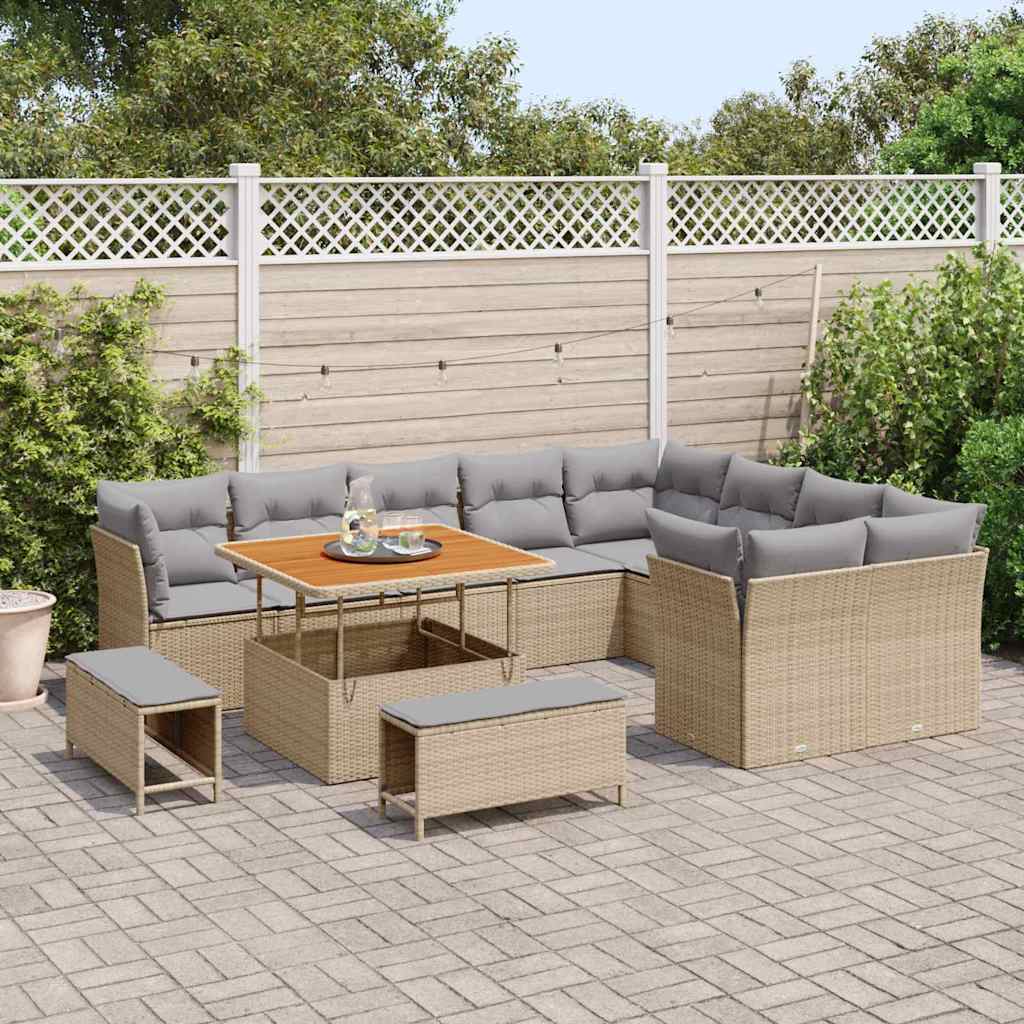 vidaXL 12-delige Tuinbankenset met kussens poly rattan acacia beige