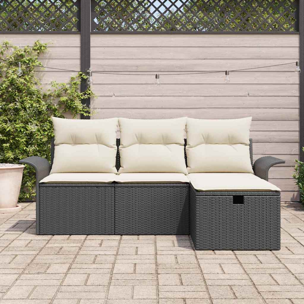 vidaXL 4-delige tuinbankset met kussens zwart poly rattan