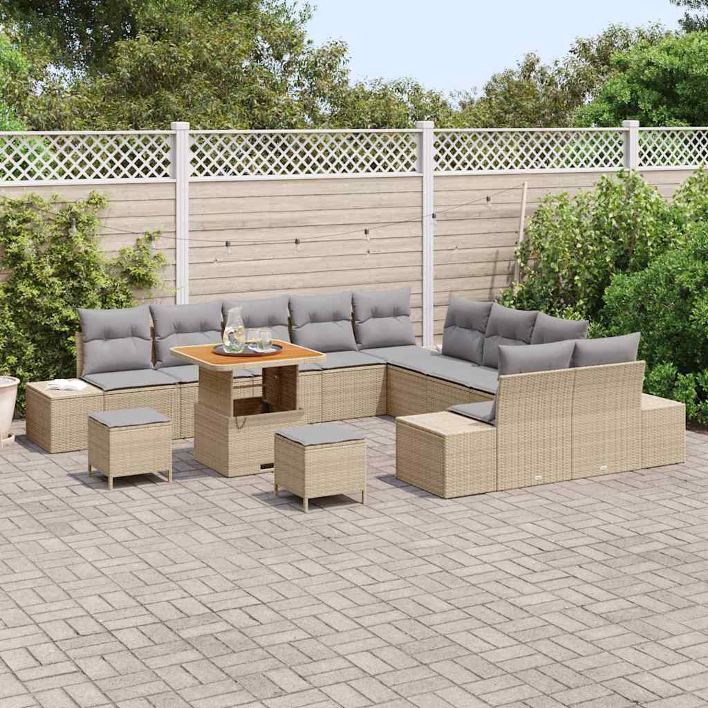 vidaXL 13-delige Tuinbankenset met kussens poly rattan acacia beige