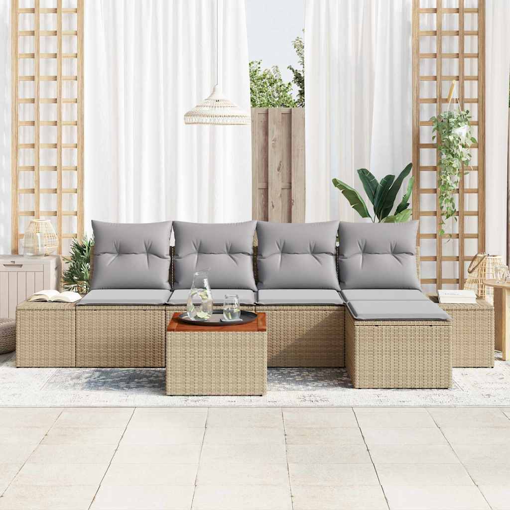 vidaXL 6-delige tuinset met kussens in beige, poly rattan en acacia.