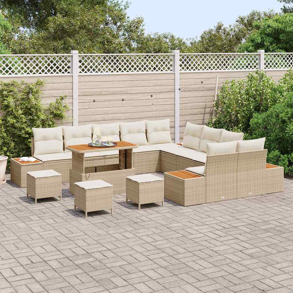 vidaXL 14-delige tuinset met kussens Beige Poly Rattan Acacia