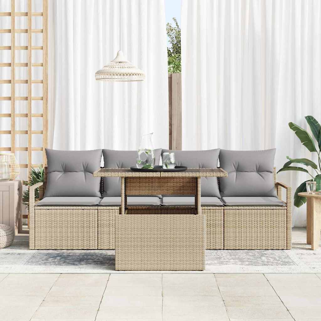 vidaXL 5-delige Tuinbankenset met kussens poly rattan beige