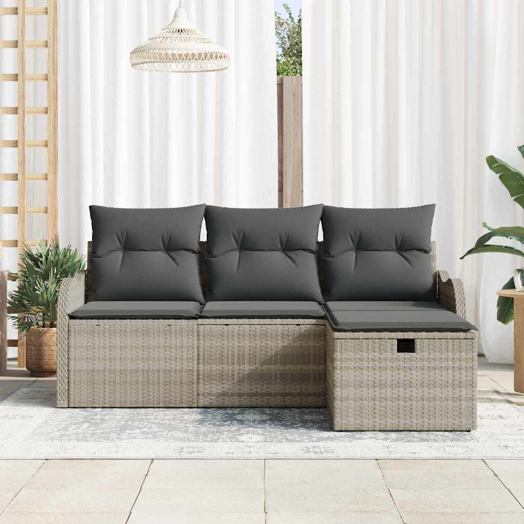 vidaXL 4-delige Tuinbankenset met kussens poly rattan lichtgrijs