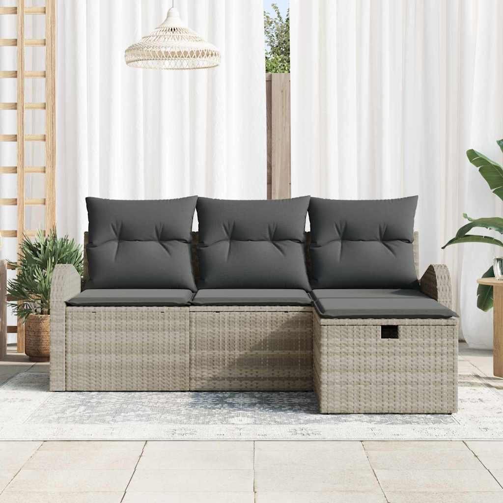 vidaXL 4-delige Tuinbankenset met kussens poly rattan lichtgrijs